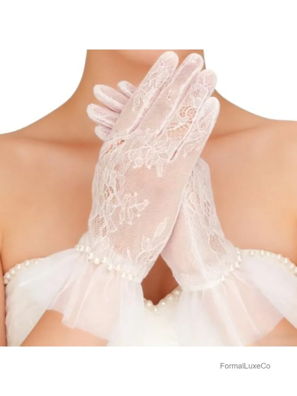 Short Lace Gloves Pearl Tulle Mesh Bridal Wedding Party Opera Gloves